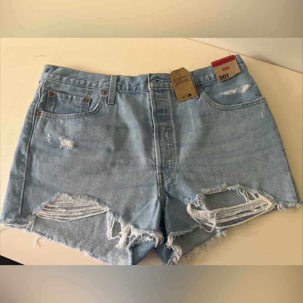 Levi's Light Blue Distressed Denim Cutoff Shorts - Women Size 34 - Picture 2 of 16